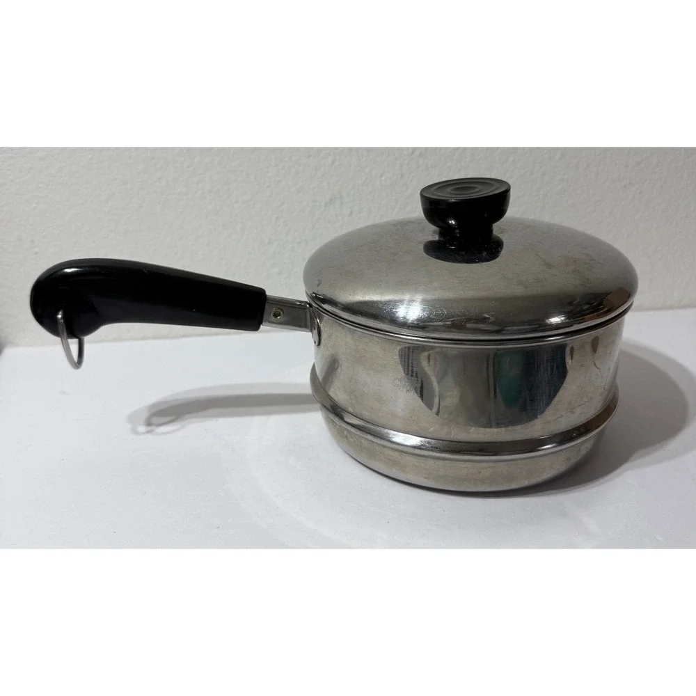 Vintage Stainless Steel Steamer Insert Pot with Lid Black Handle 6.25